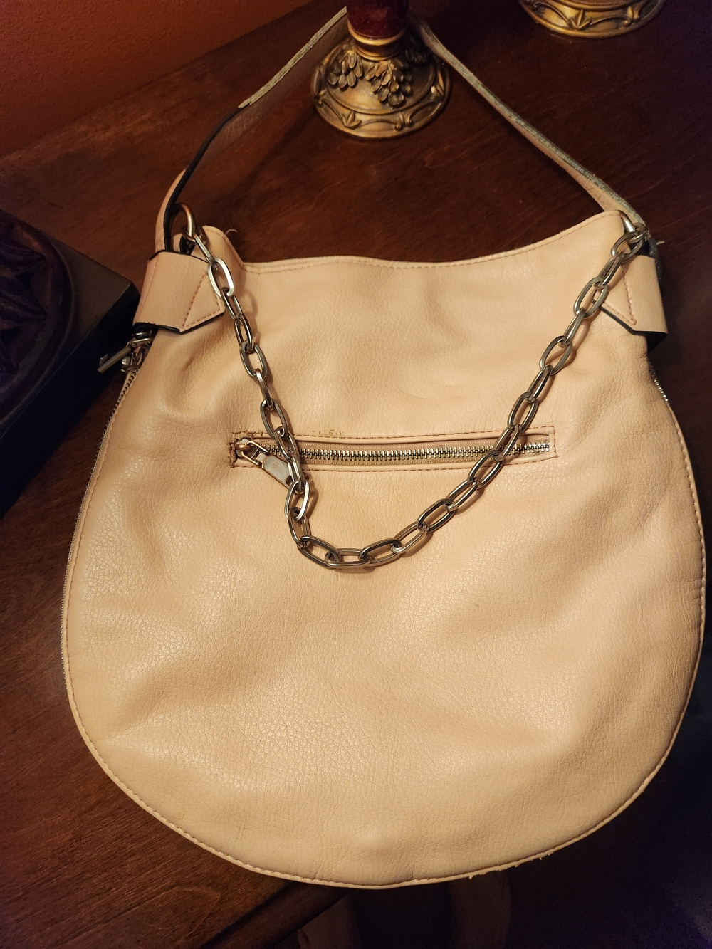 Source Unknown Cream Leather Satchel with Chain Accent